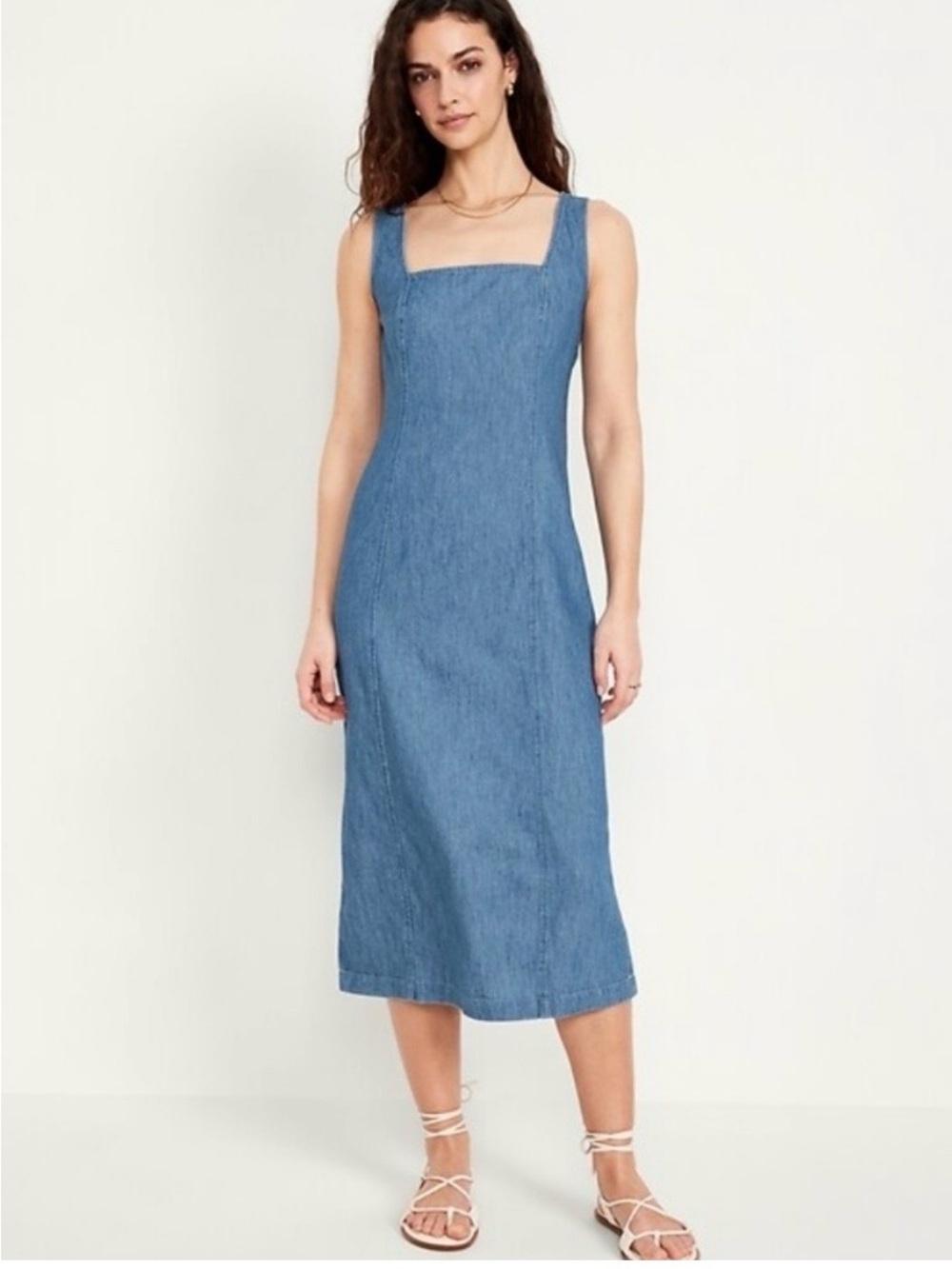 Old Navy Light Blue Denim Square-Neck Midi Dress